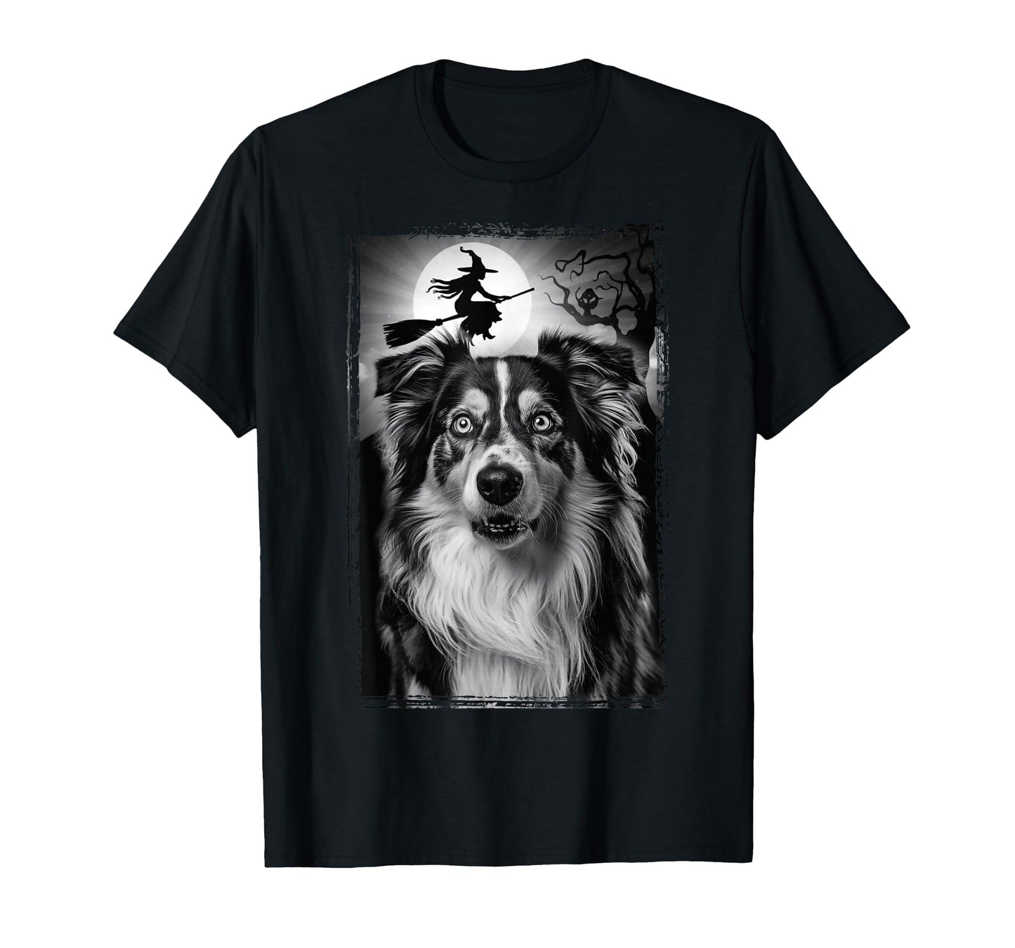 Shepherd Selfie Full Moon Flying Witch Halloween Dog T-Shirt