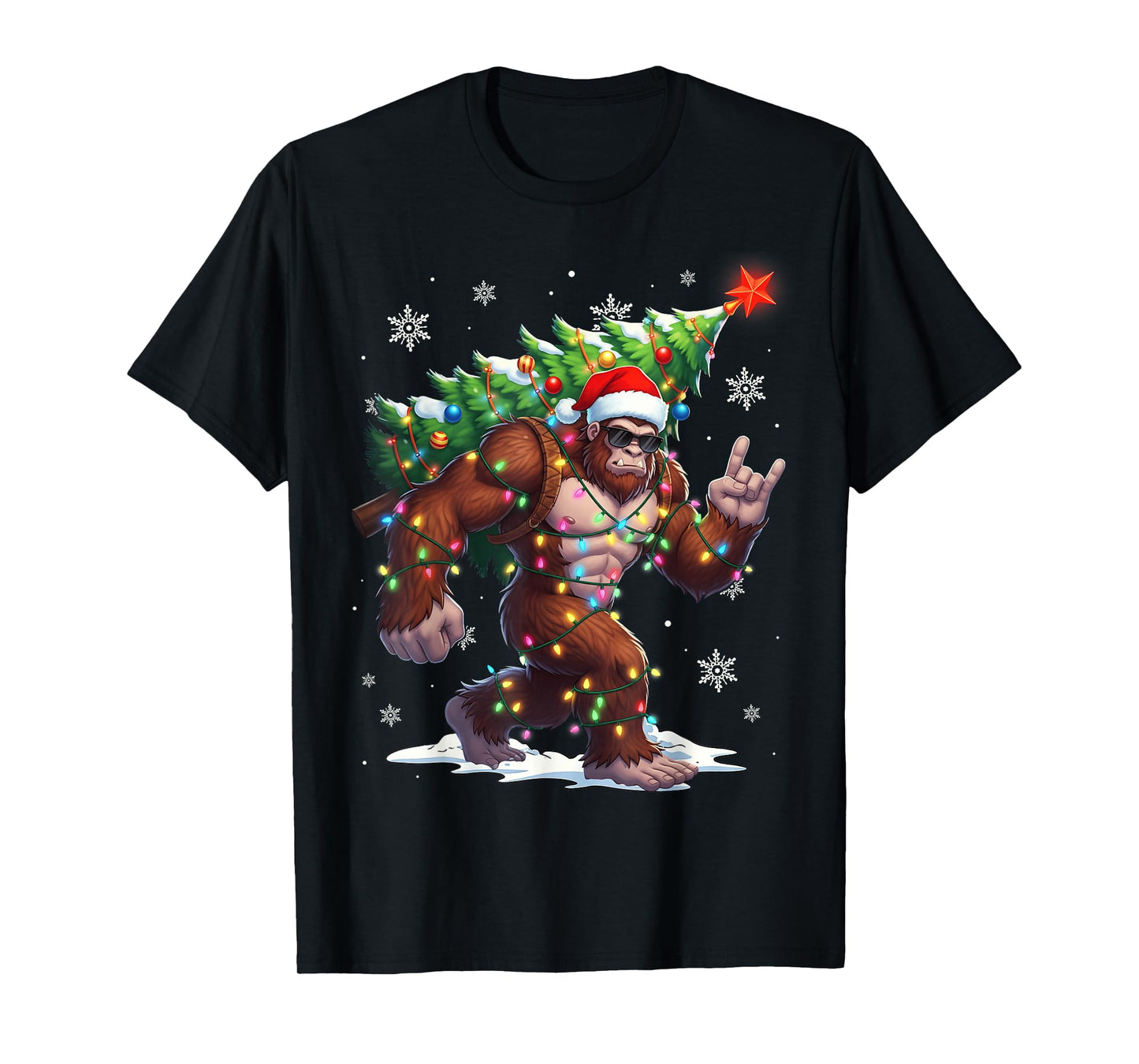 Funny Bigfoot Sasquatch Santa Christmas Tree Xmas Lights T-Shirt