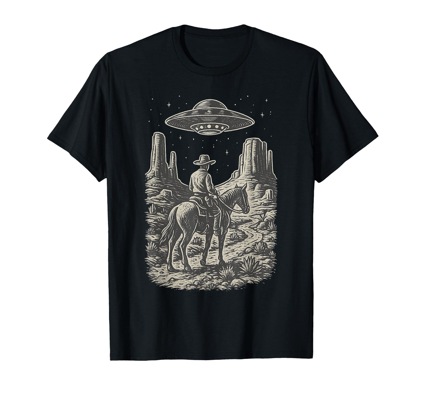 Vintage Western UFO Art Cowboy Alien Encounter T-Shirt
