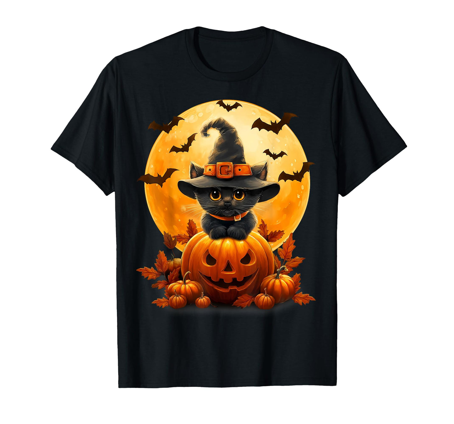 Spooky Halloween Moon Black Cat Witch Pumpkin Autumn Season T-Shirt