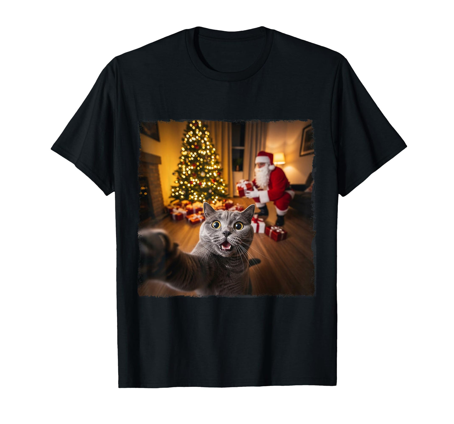 Xmas Cat Cute Selfie with Santa Claus Gifts Christmas Tree T-Shirt