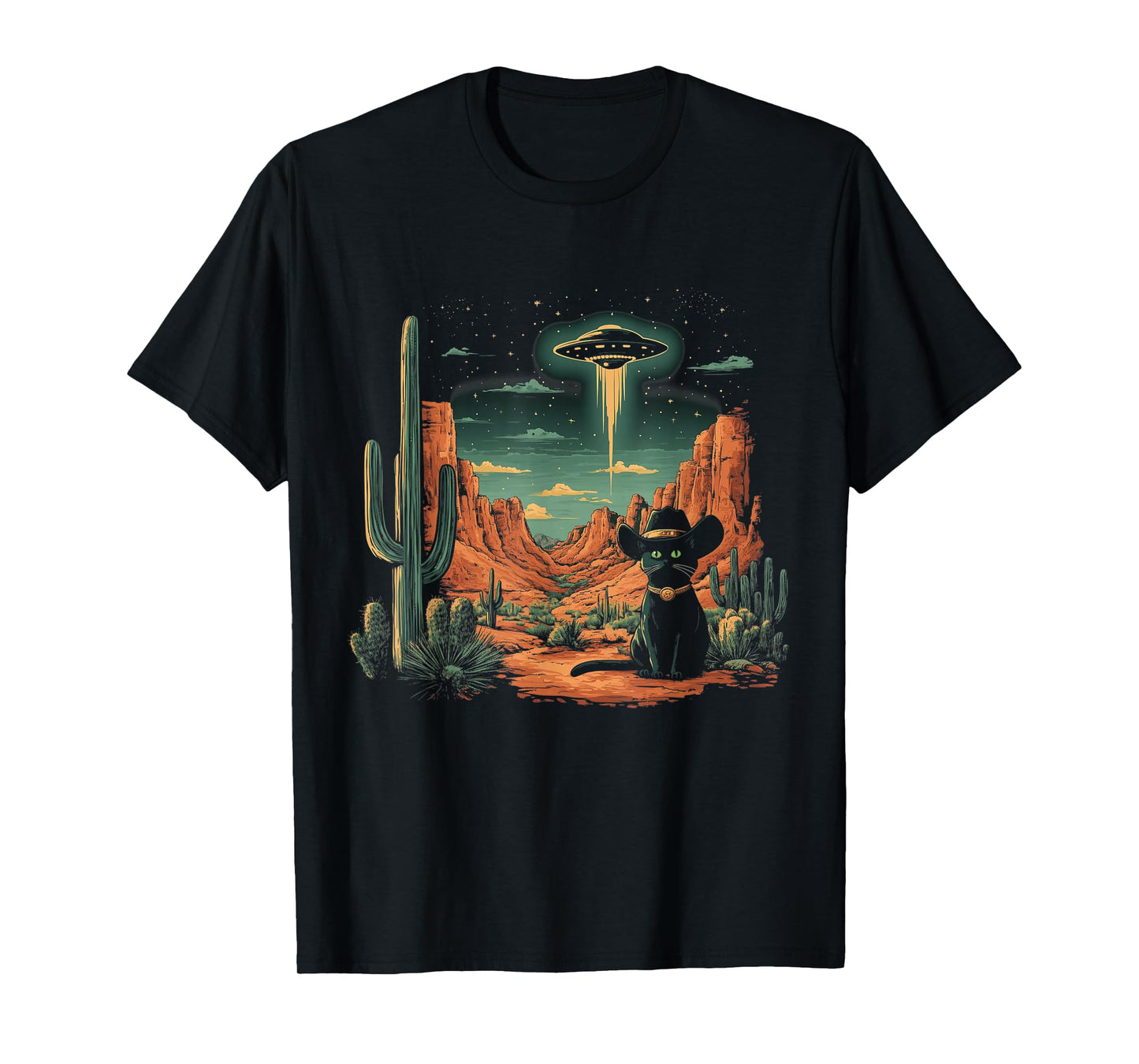 Black Cat Cowboy Hat Western UFO Alien Funny T-Shirt