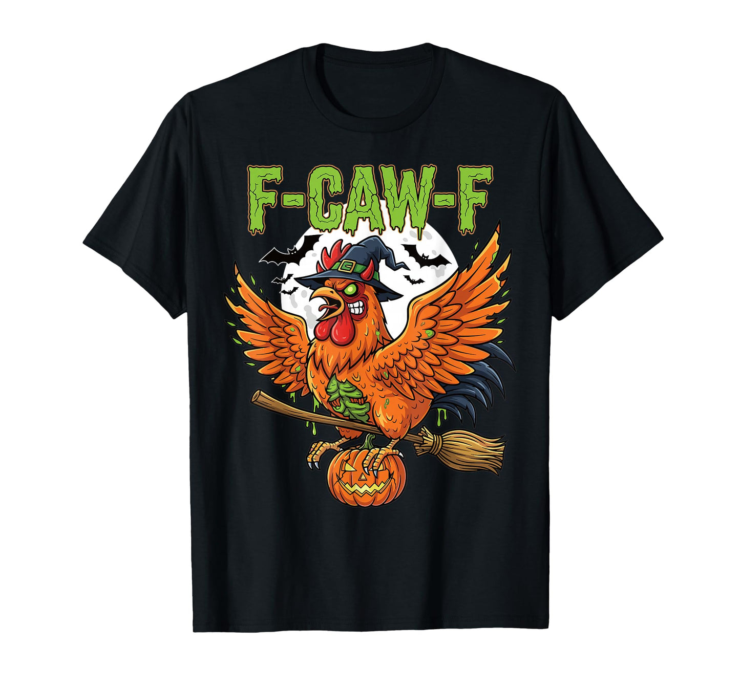 Halloween Chicken Witch Broom Pumpkin Flying T-Shirt