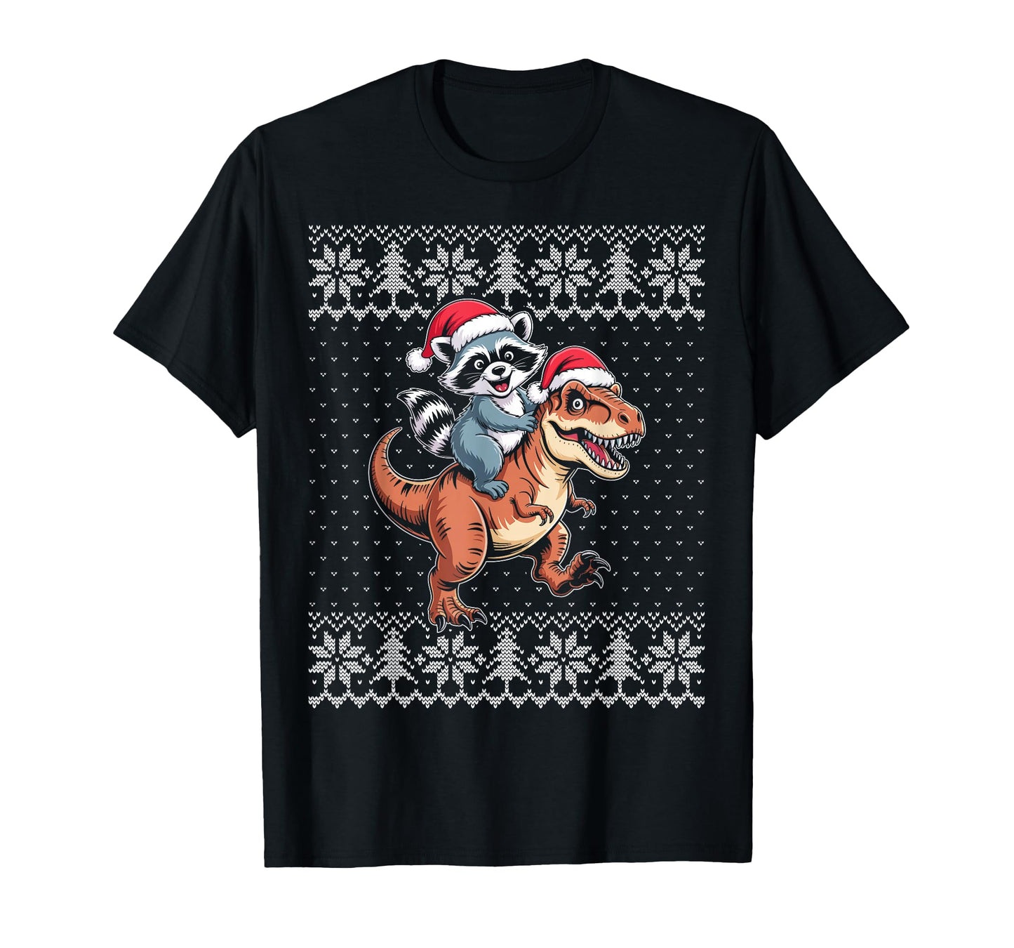 Raccoon Riding Dinosaur Ugly Christmas Sweater T-Shirt