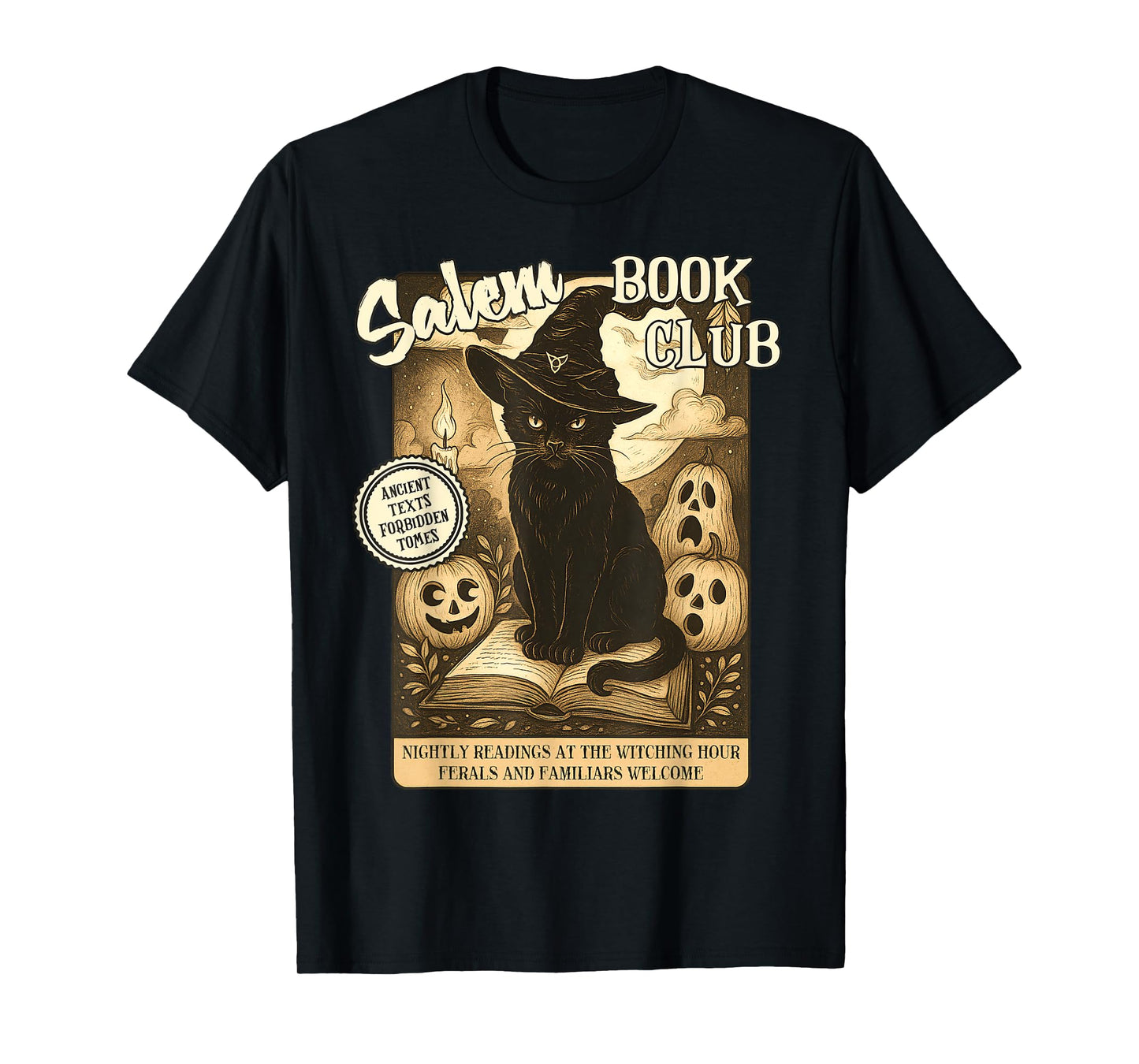 Retro Halloween Black Cat Salem Witch Book Club Bookish Men Women Kids T-Shirt