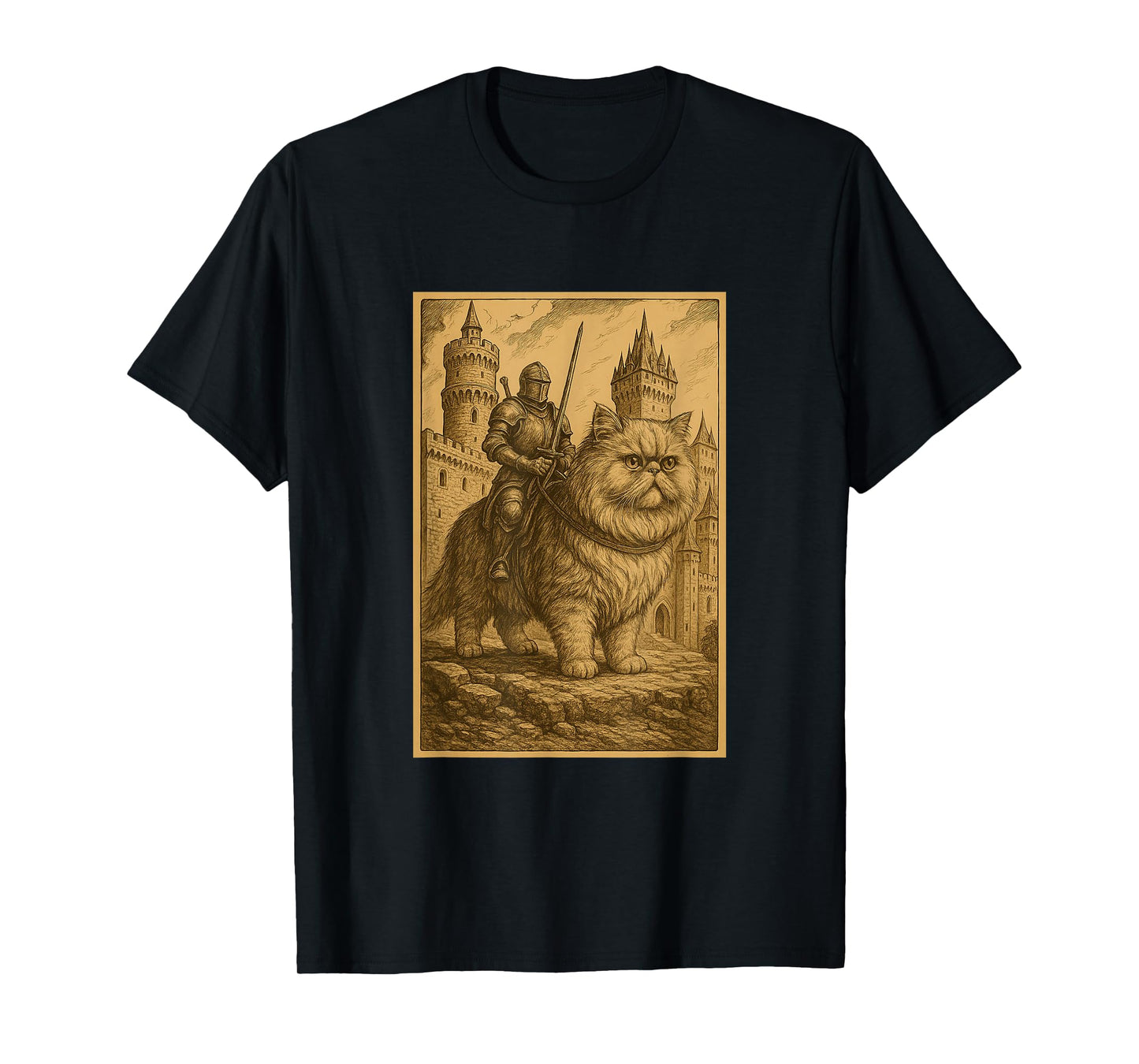 Medieval Knight Riding a Persian Cat Rider Surreal Feline T-Shirt