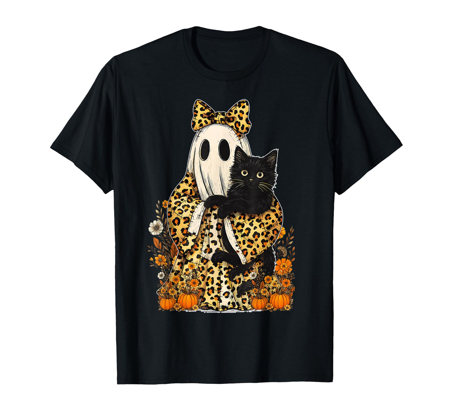 Vintage Halloween Ghost Holding Black Cat Groovy Floral T-Shirt