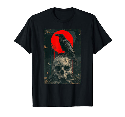 Red Moon Black Gothic Raven Skull Graphic Black Crow T-Shirt