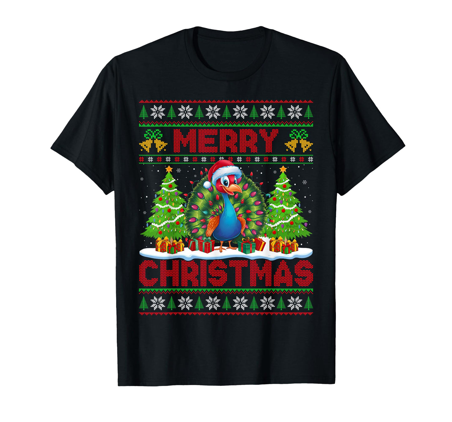 Peacock Bird Ugly Christmas Sweaters Funny Santa Lights Xmas T-Shirt