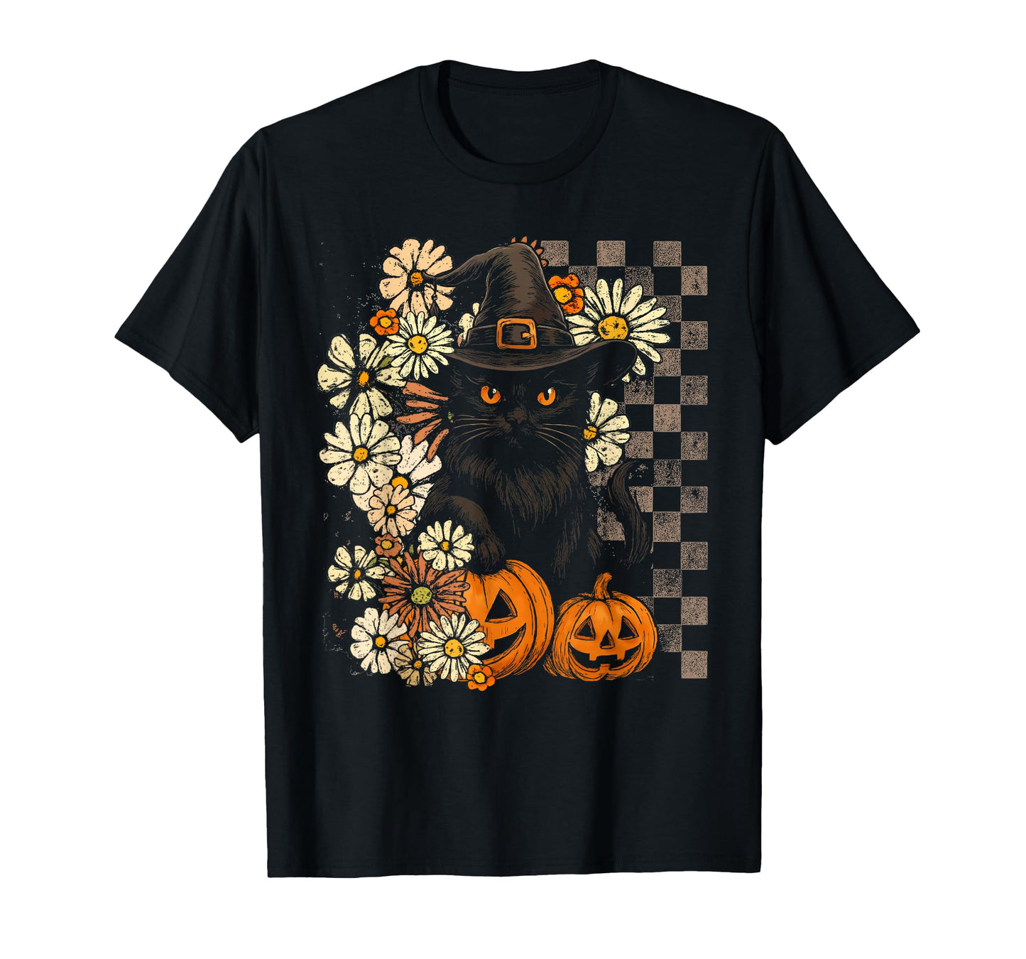 Retro Floral Black Cat Witch Pumpkin Halloween Spooky Season T-Shirt