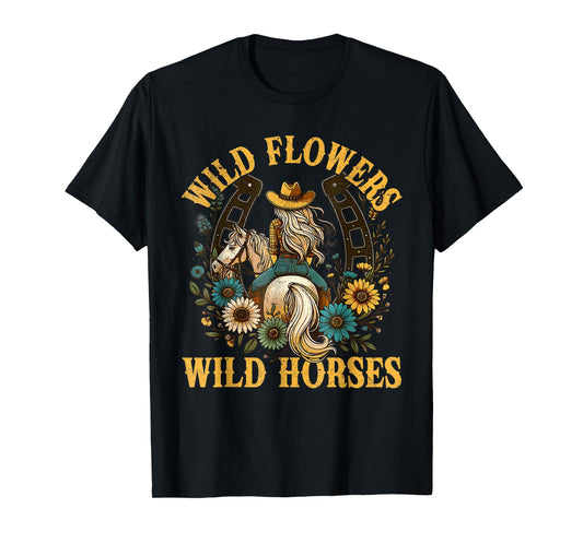 Retro Southern Sunset Cowgirl Wild Flowers Wild Horses T-Shirt