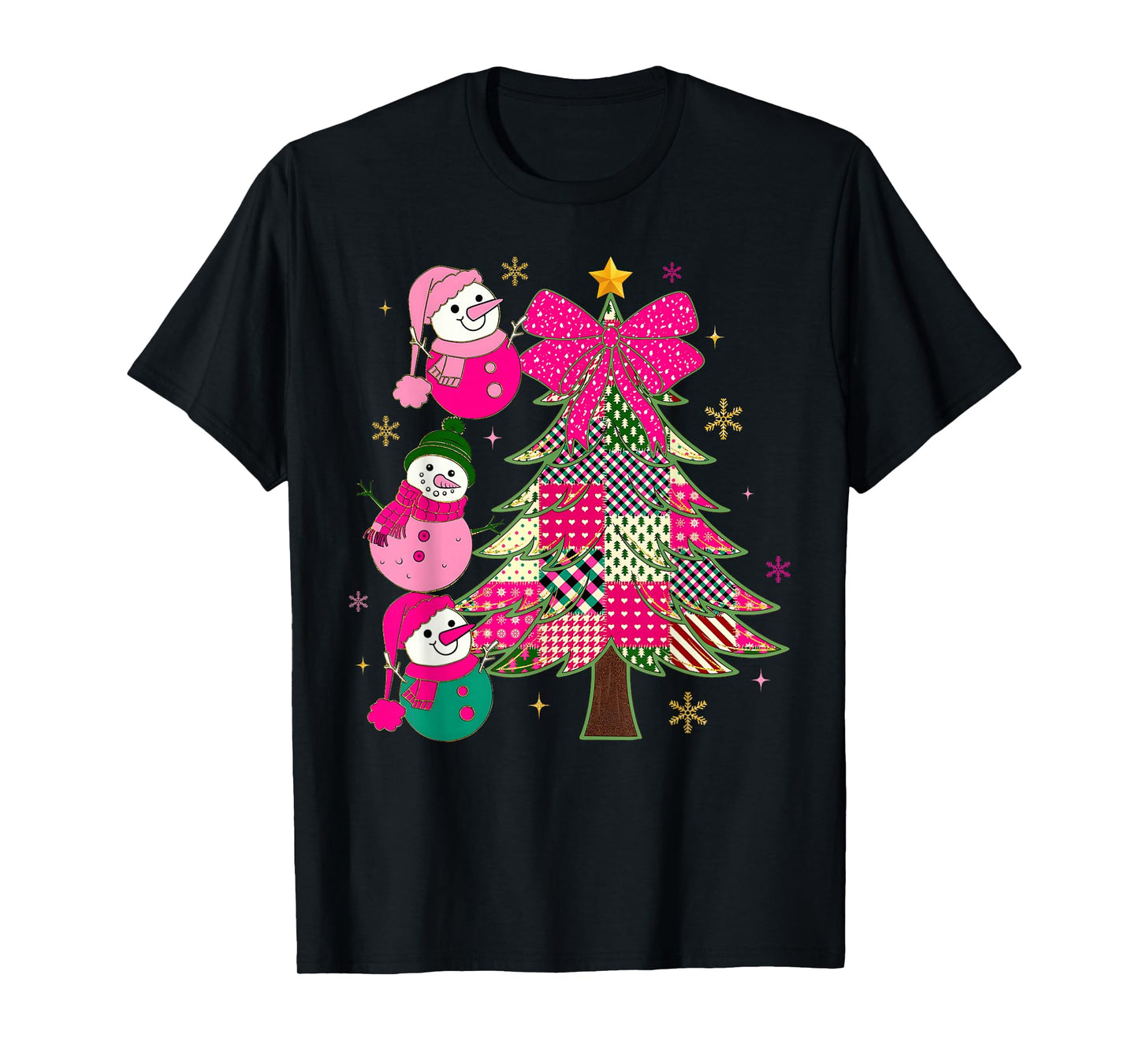 Patchwork Coquette Bow Xmas Snowman Holiday Christmas Tree T-Shirt