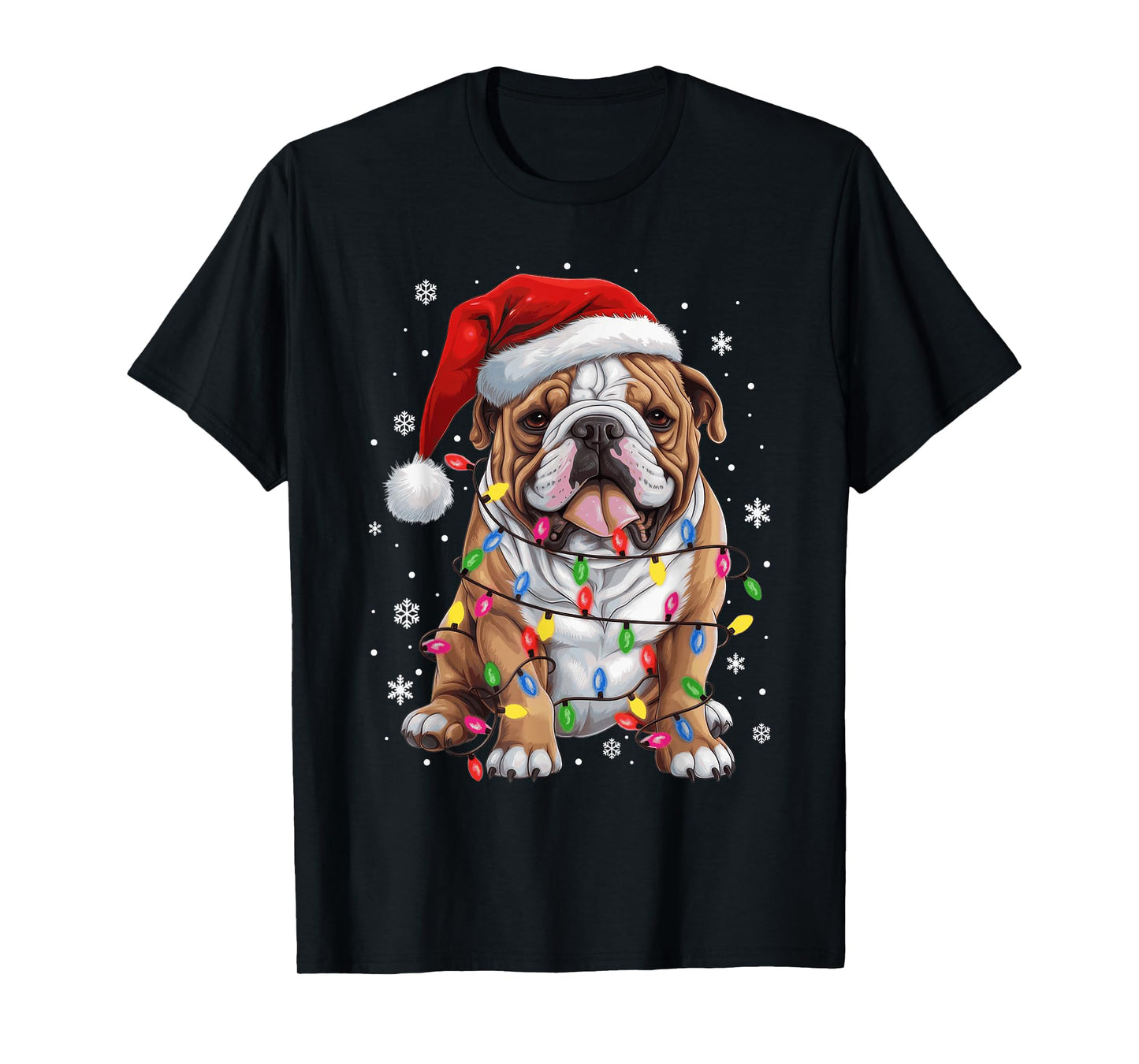 Funny Bulldog Dog Christmas Tree Light Xmas Santa Hat Pajama T-Shirt