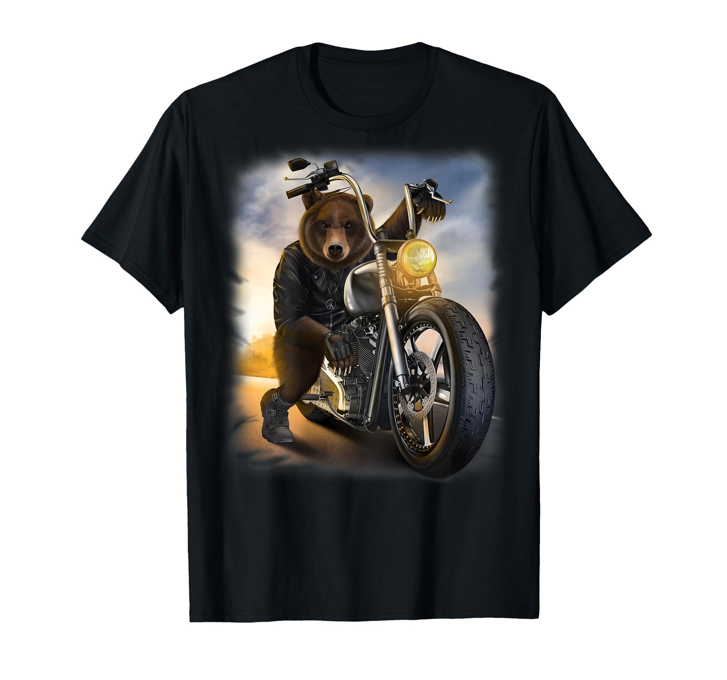 Grizzly Bear Riding Chopper Motorcycle at Sunset T-Shirt