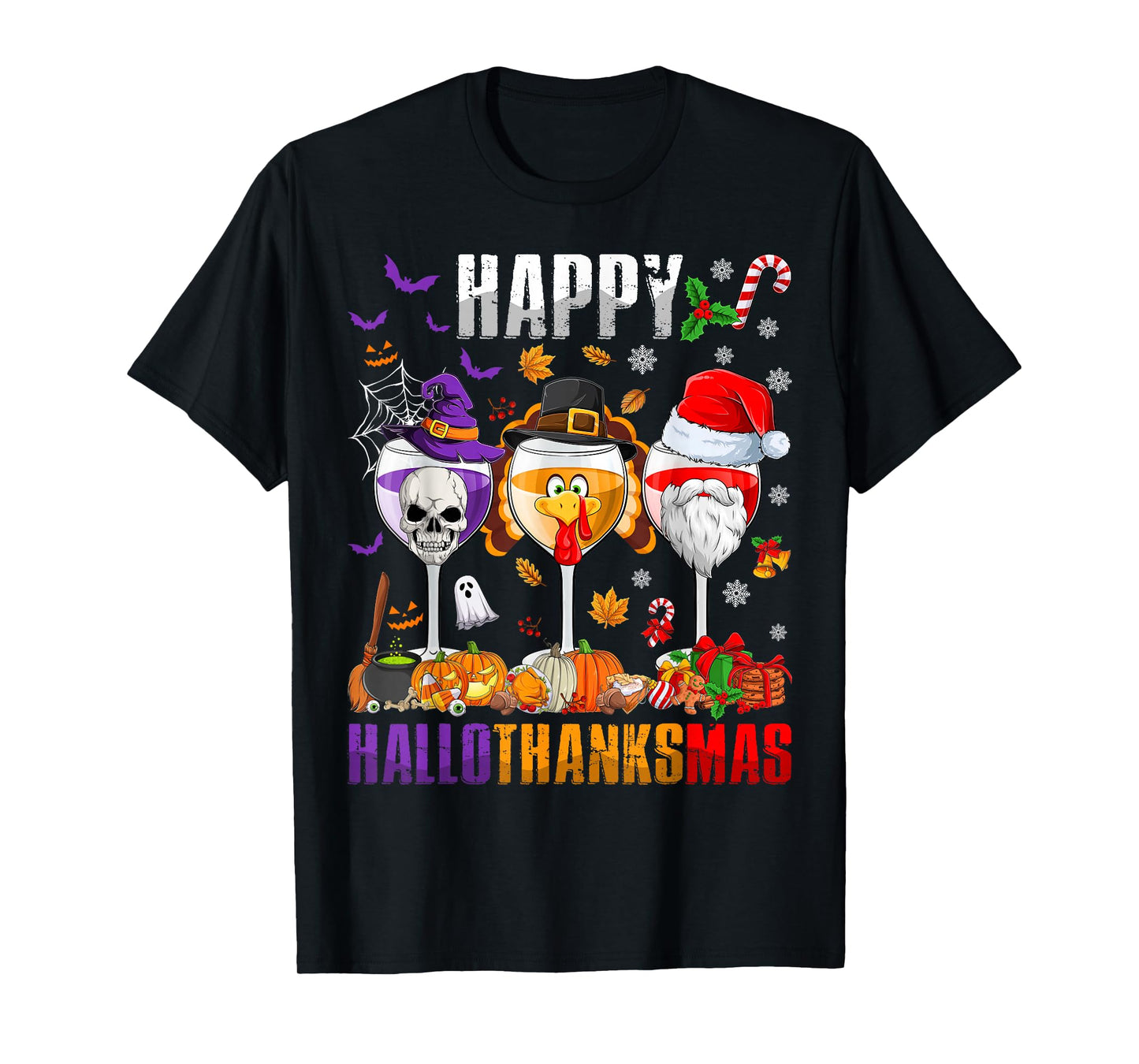 Happy Hallothanksmas Wine Halloween Thanksgiving Christmas T-Shirt