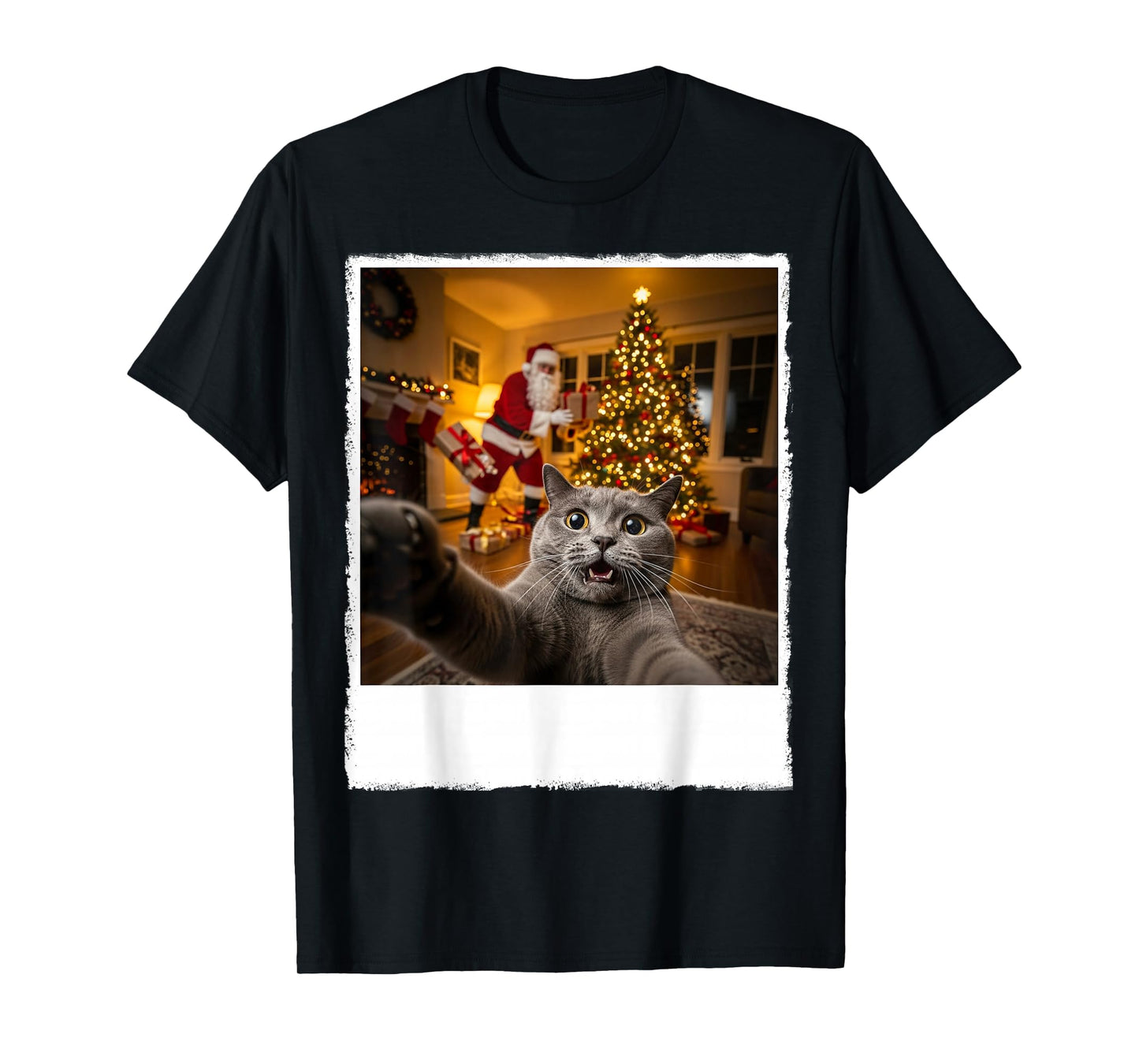 Funny Grey Cat Selfie with Santa Claus Gifts Christmas Night T-Shirt