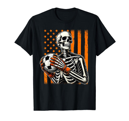 Skeleton Goalkeeper Holding Soccer Ball Goalie Halloween USA T-Shirt