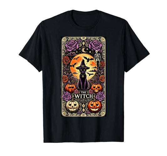 Vintage Gothic The Witch Black Cat Tarot Card Halloween 2024 Men Women Kids T-Shirt