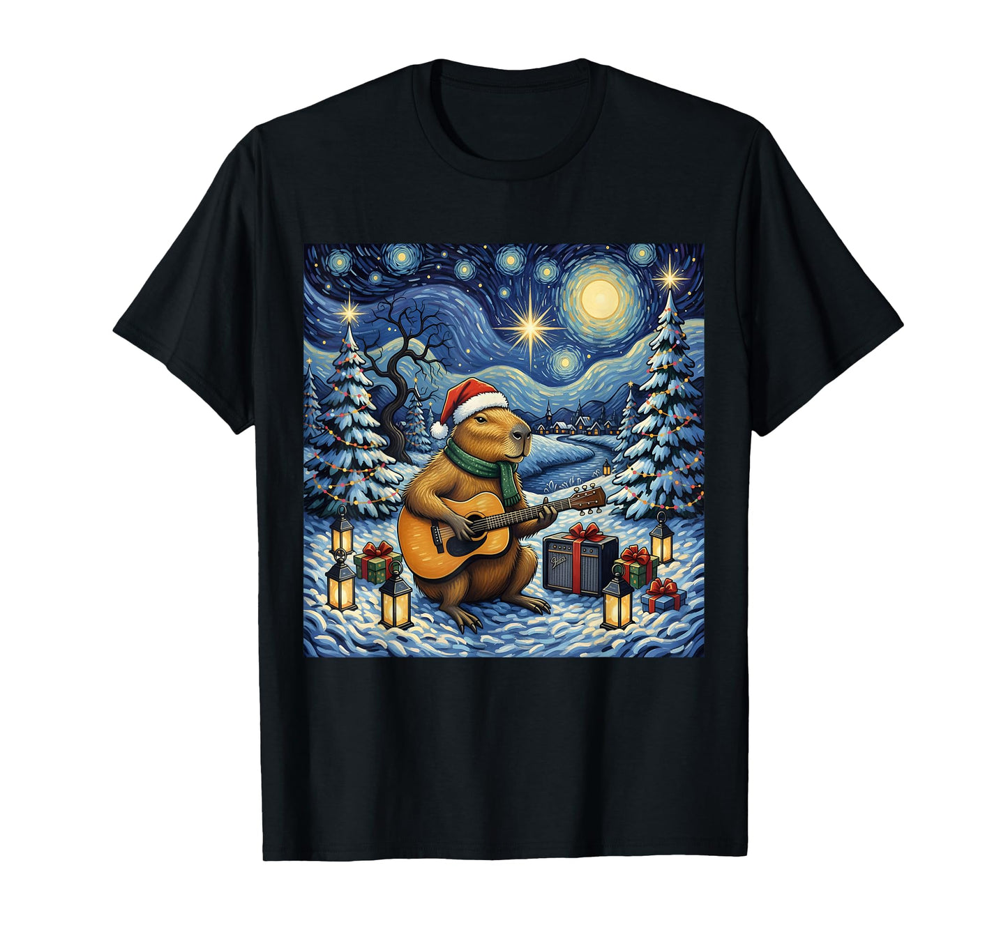 Capybara Playing The Guitar Van Gogh Style Christmas Themed T-Shirt