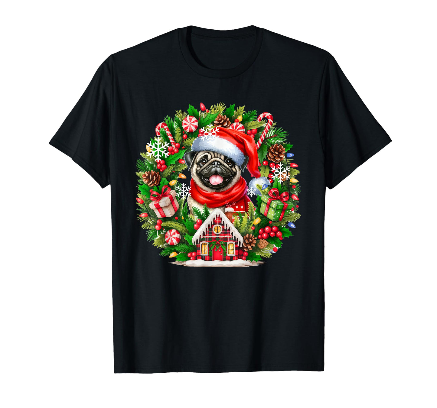 Santa Pug Christmas Floral Circle Matching Owner Kids T-Shirt
