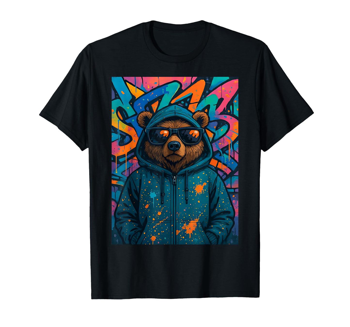 Urban Hip Hop Teddy Bear in Sunglasses Cool Graffiti Graphic T-Shirt