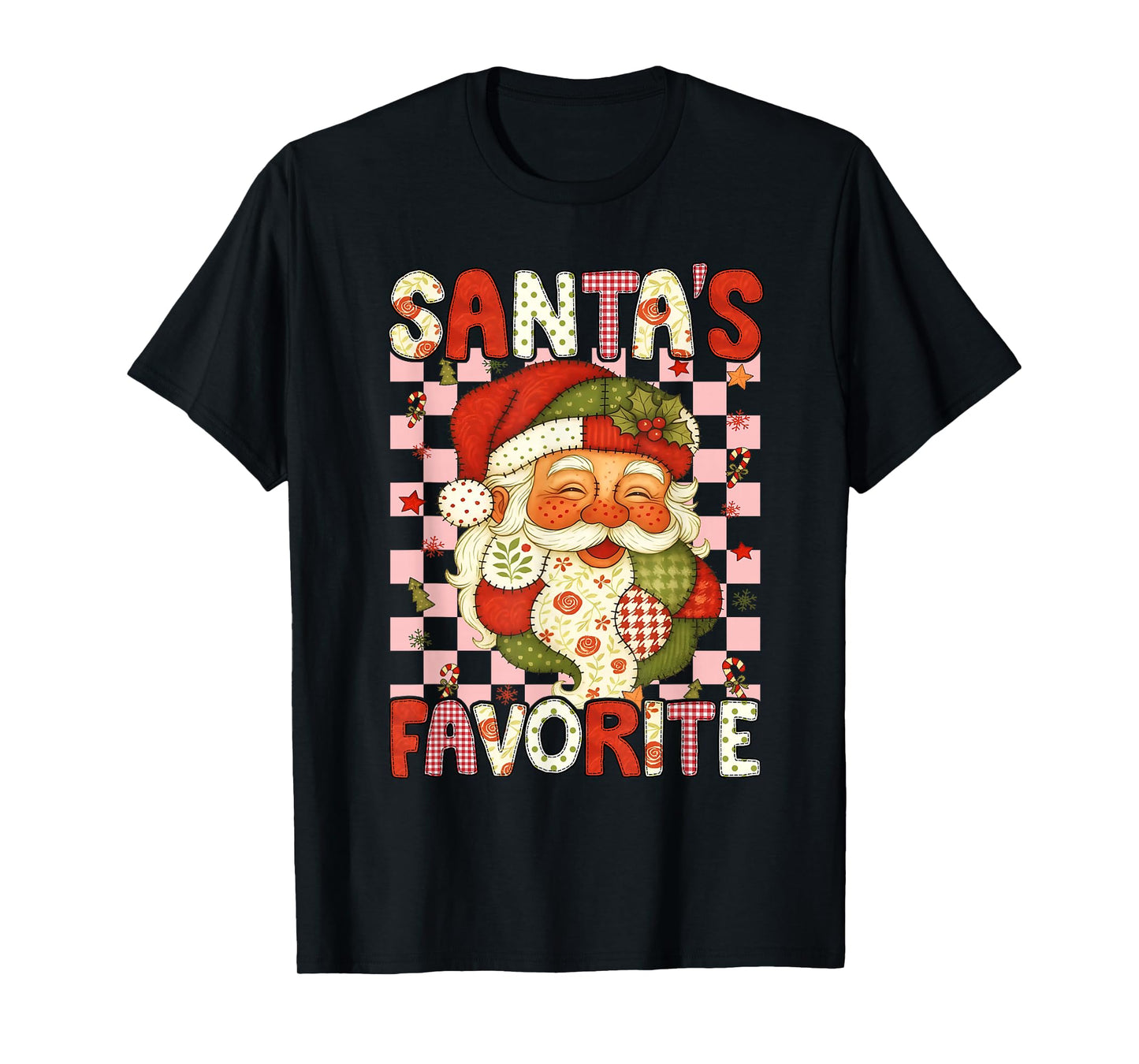 Santa's Favorite Patchwork Santa Face Vintage Christmas Folk T-Shirt