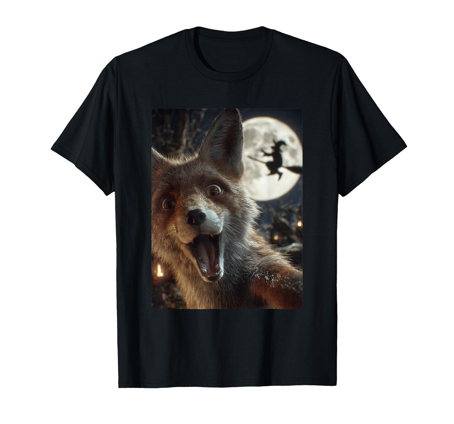 Funny Fox Selfie Full Moon Flying Witch Forest Halloween T-Shirt