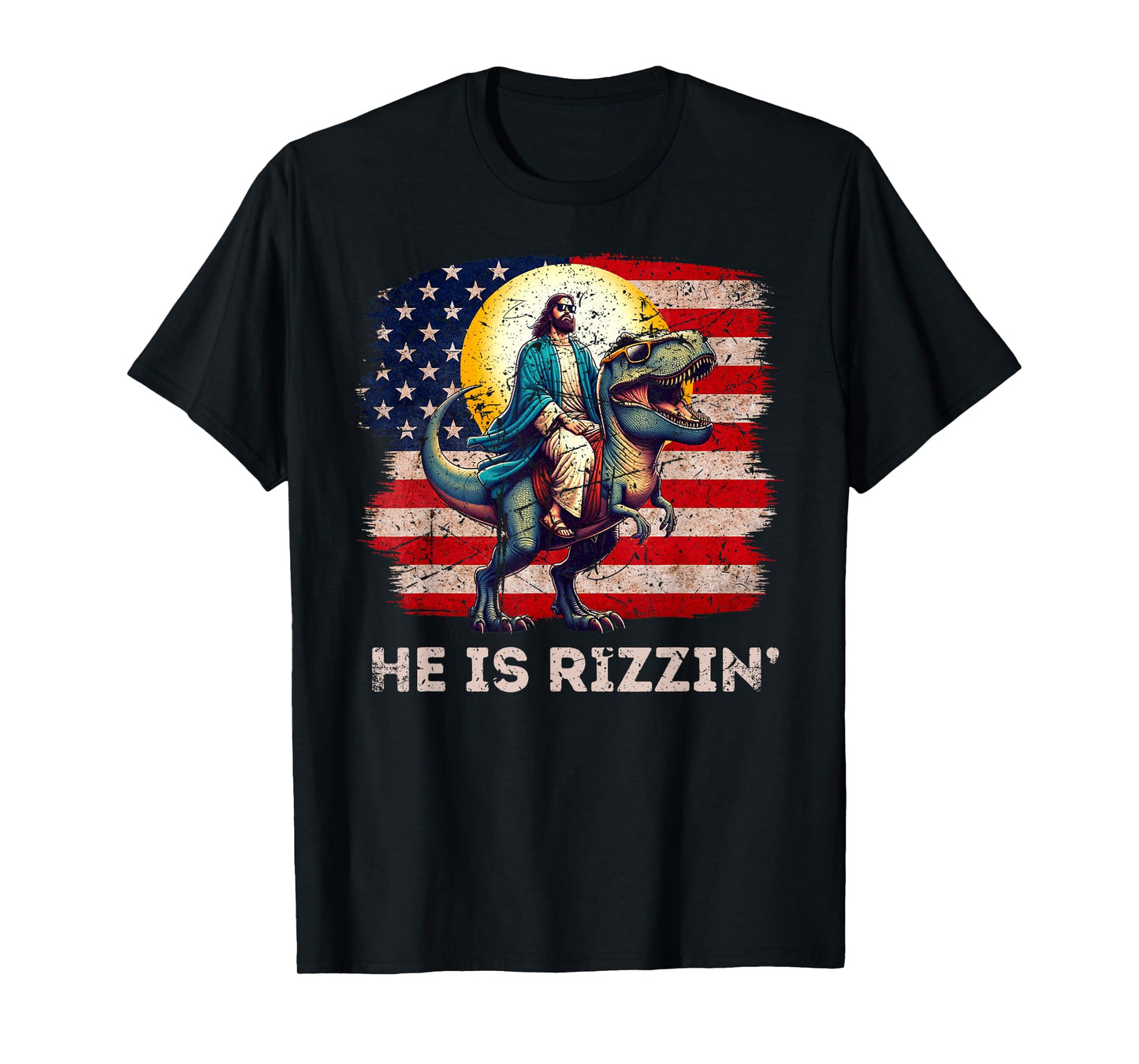He Is Rizzen Jesus Has Rizzen Retro Christian Dinosaur T-Shirt