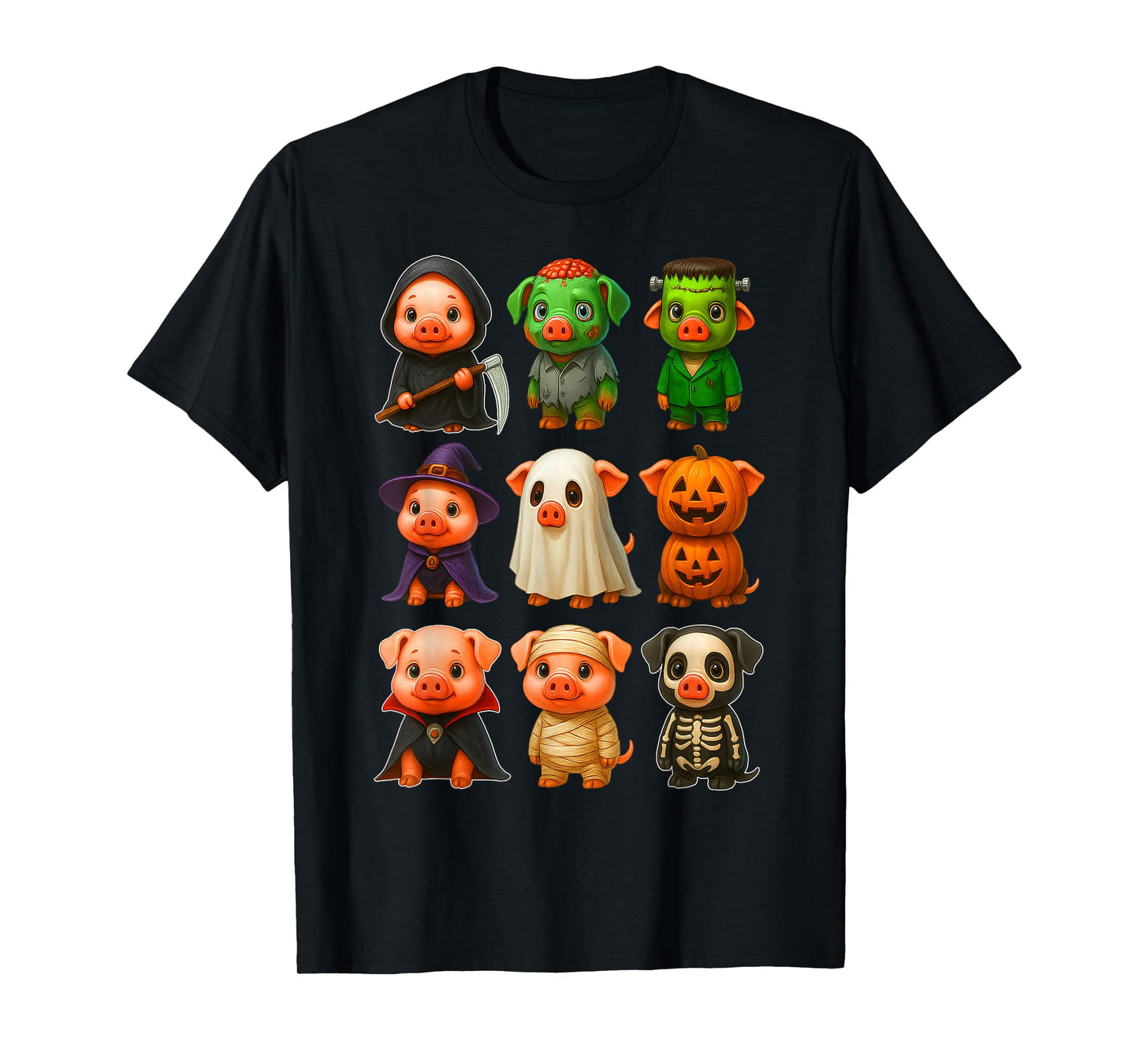Pigs in Witch Skeleton Ghost Costume Happy Halloween Day T-Shirt