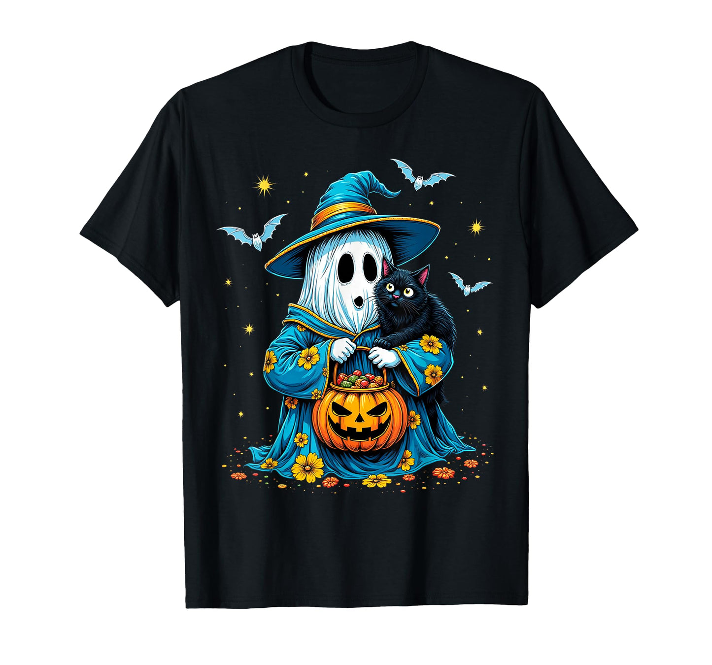 Ghost Holding Black Cat Lover Halloween 2025 Groovy Floral T-Shirt