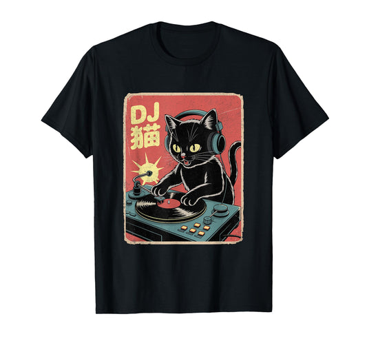 DJ Cat Cool Music Japanese Black Cat DJing Funny Cat Lover T-Shirt