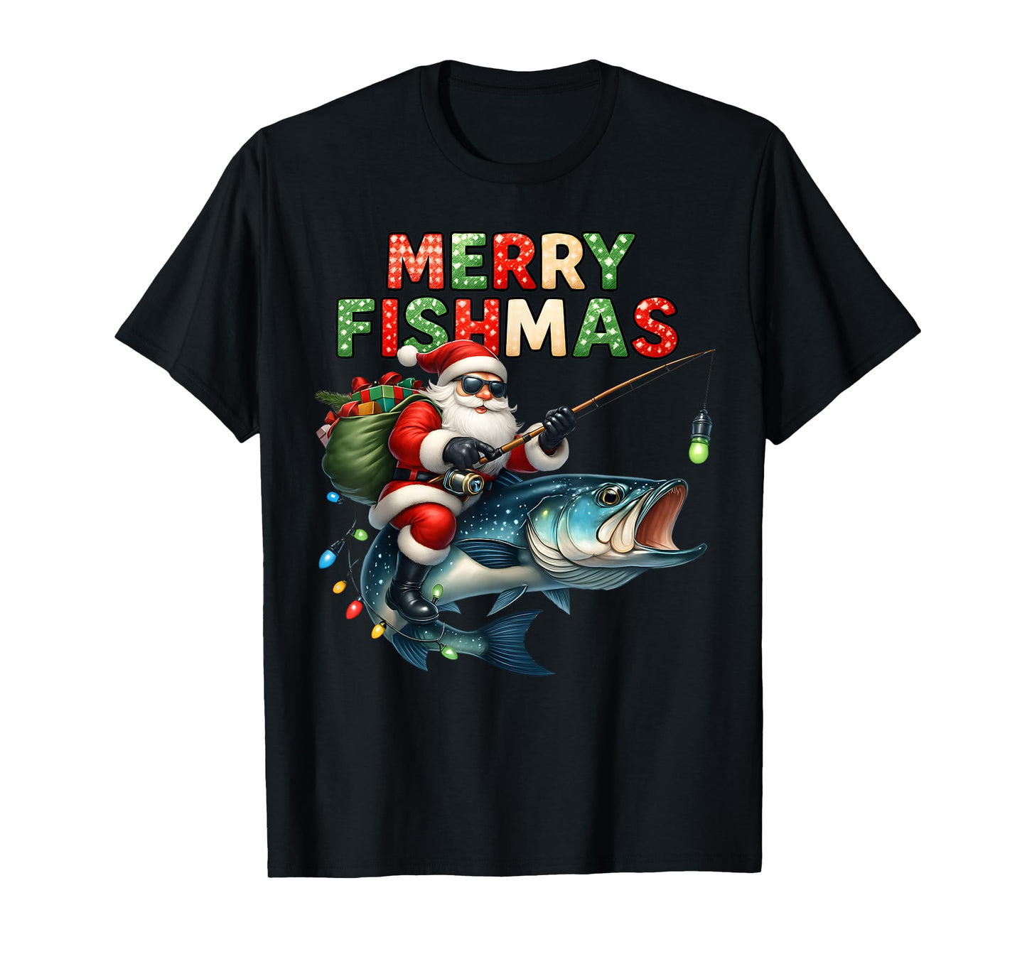 Merry Fishmas Santa Fishing Lovers Funny Christmas Lights T-Shirt