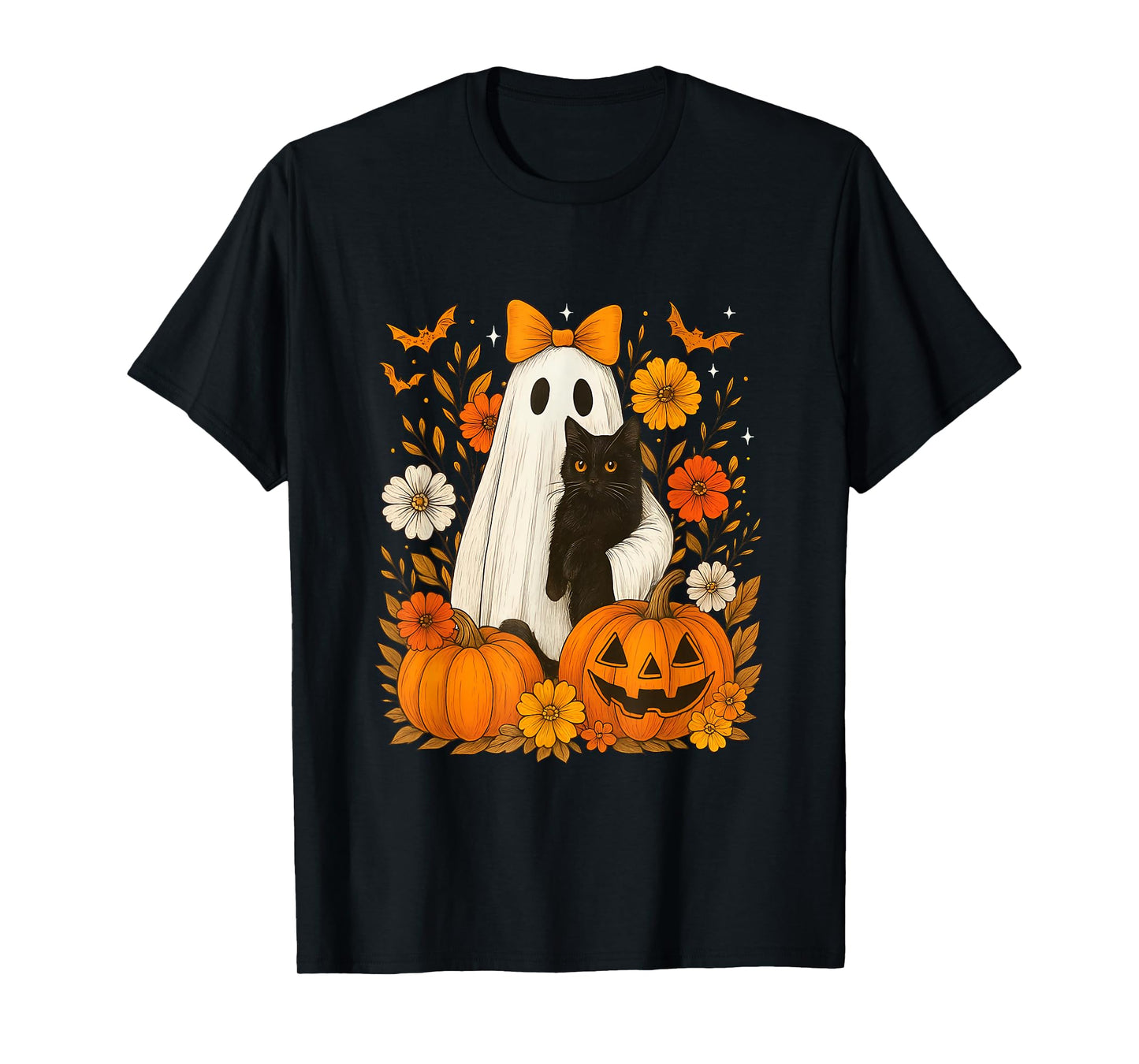 Spooky Ghost Holding Black Cat Groovy Floral Halloween Goth T-Shirt