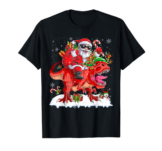 Dinosaur Christmas Lights Funny Men Boys Kids Xmas T-Shirt