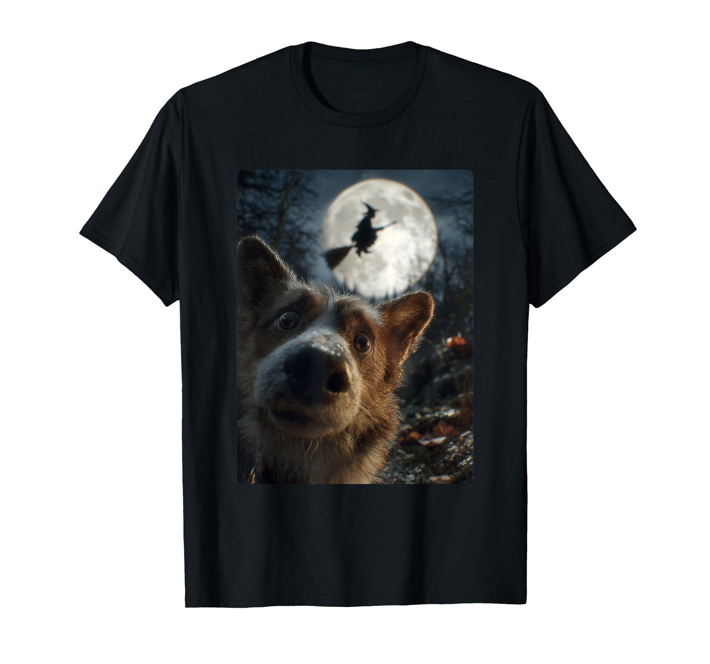 Funny Corgi Selfie with Full Moon Flying Witch Halloween Dog T-Shirt