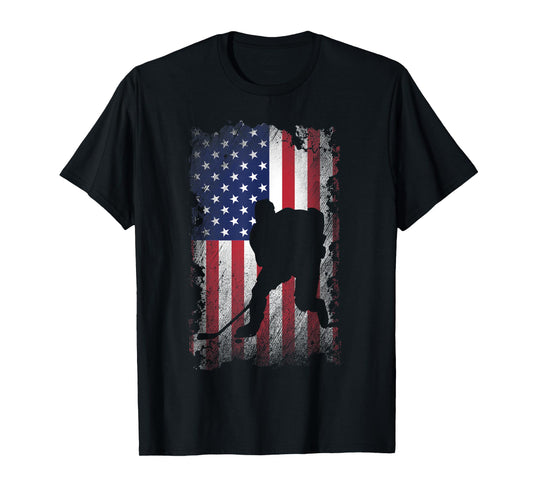 Distressed American Flag Hockey USA Patriotic Gift Women Kids Men T-Shirt