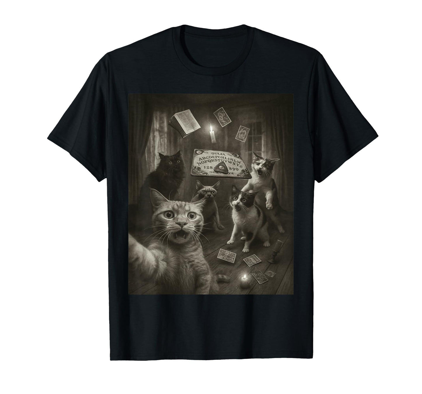 Panicked Cats Selfie Ouija Board Funny Cat Halloween Vintage T-Shirt