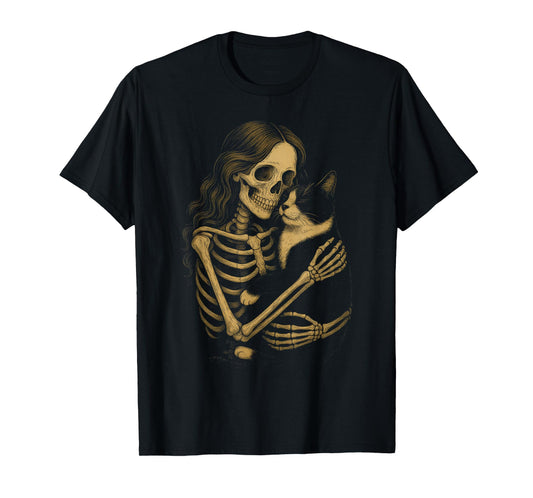 Vintage Skeleton Hugging Tuxedo Cat Halloween Cat Mom Women T-Shirt