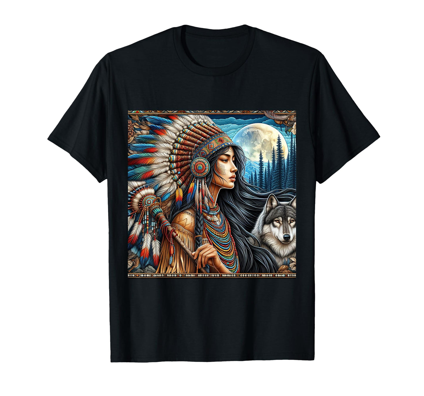 indian native american woman with white wolf vintage gifts T-Shirt