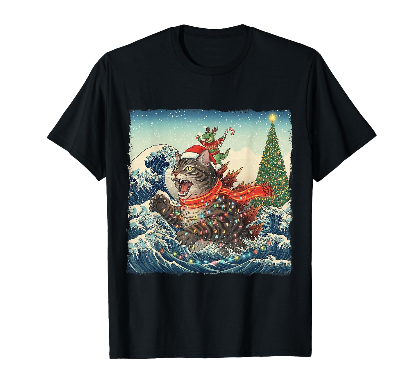 Cat Spooky Catzilla Japanese with Dino T-Rex Christmas Wave T-Shirt
