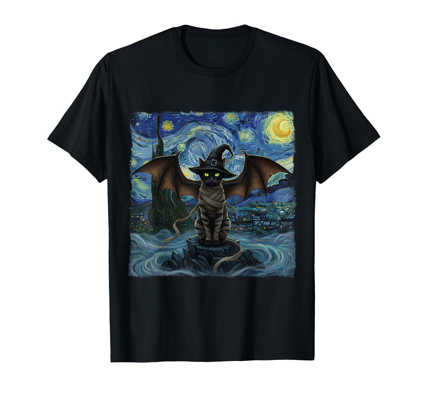 Vampire Cat with Bat Wings Cat Starry Night Cat Halloween T-Shirt