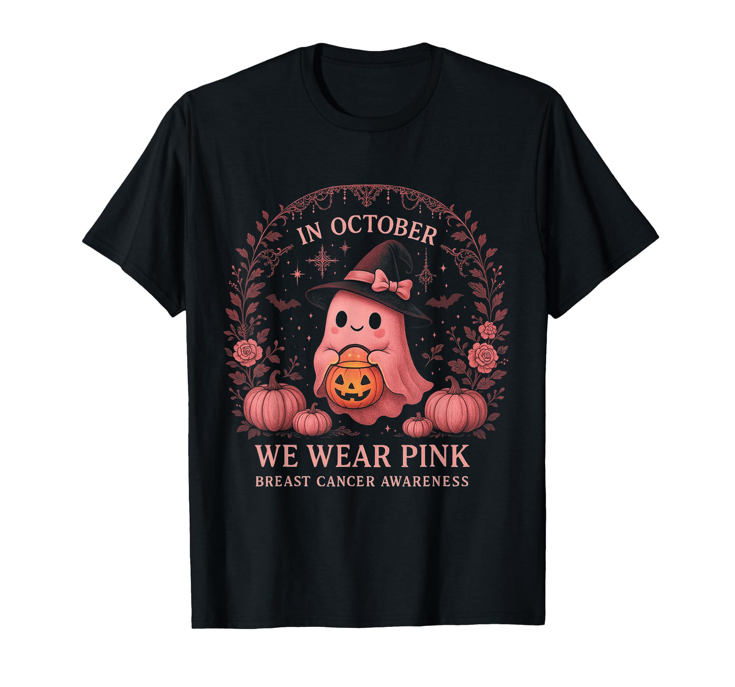 in October We Wear Pink Breast Cancer Awareness Ghost T-Shirt