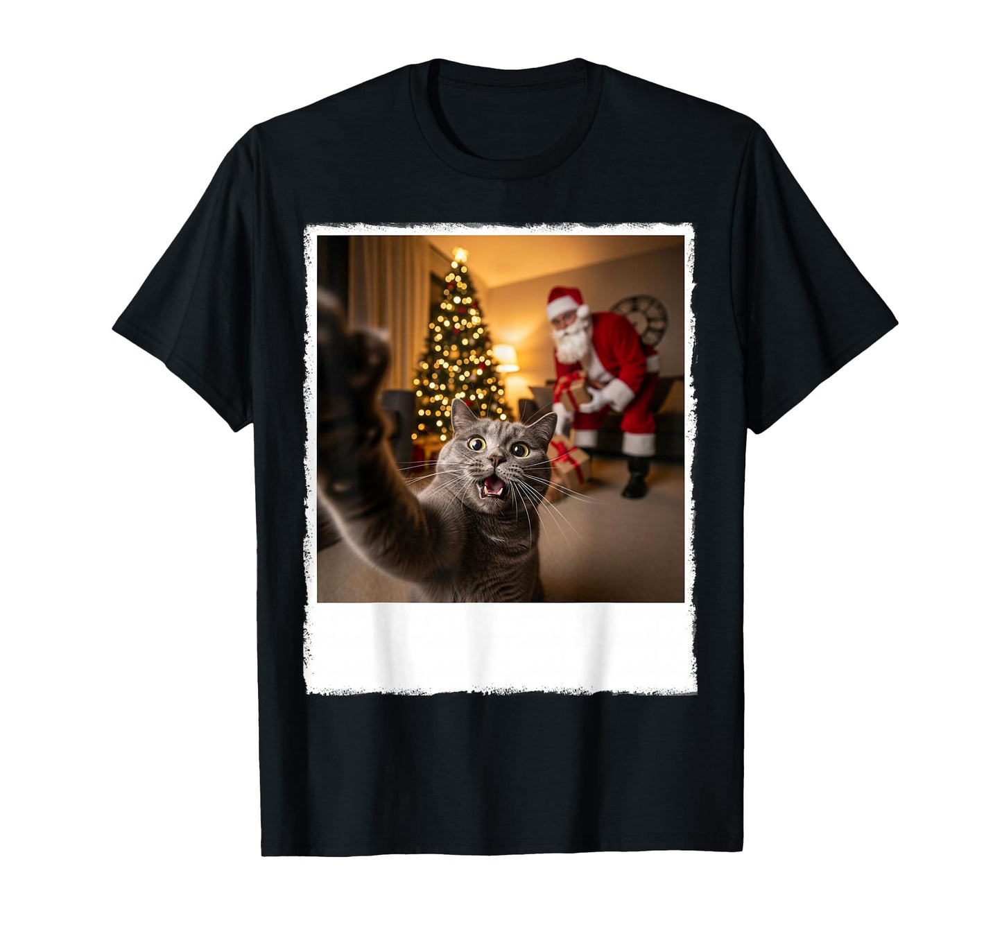 Funny Xmas Grey Cat Selfie with Santa Gifts Claus Christmas T-Shirt