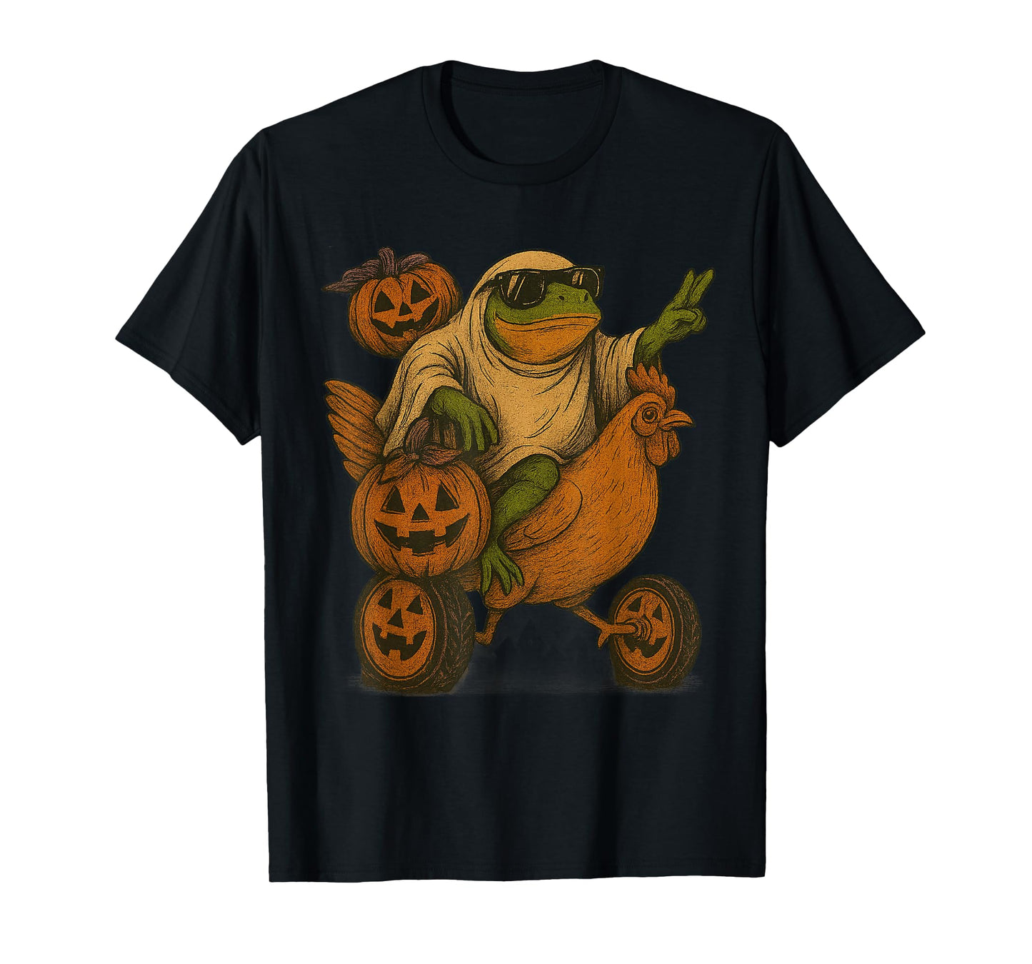 Funny Frog Costume Riding Chicken Meme Halloween Pumpkin T-Shirt