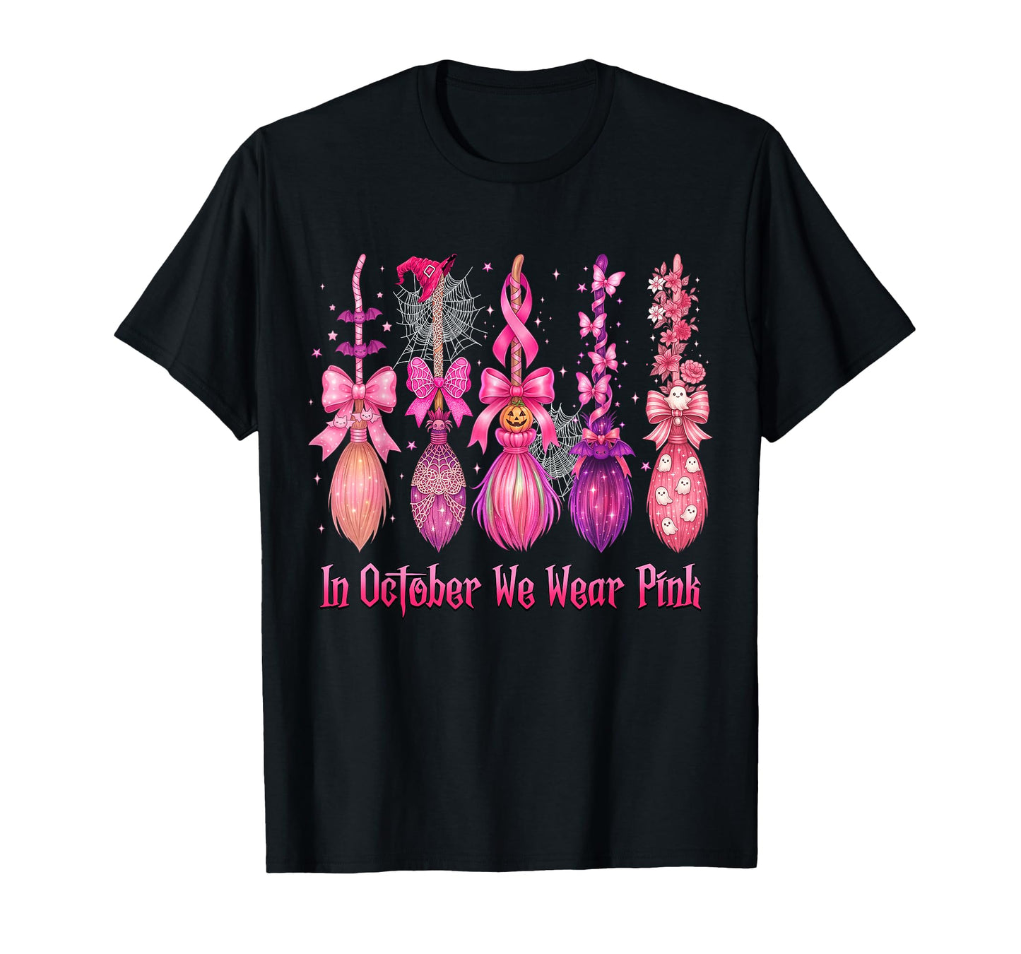 in October We Wear Pink Witch Broom Halloween Breast Cancer T-Shirt