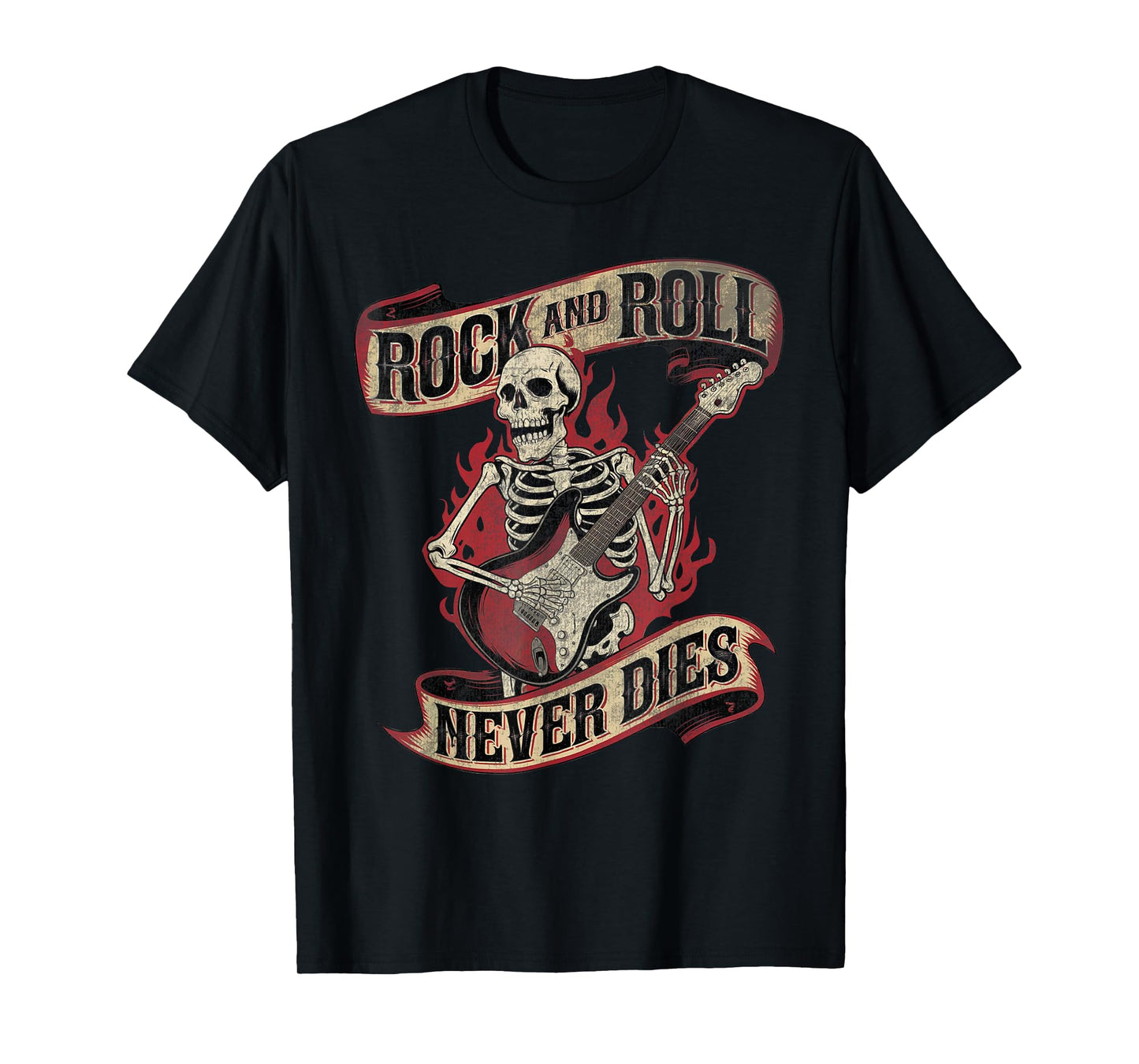 Rock and Roll Never Dies Skeleton Vintage ROCK Music T-Shirt