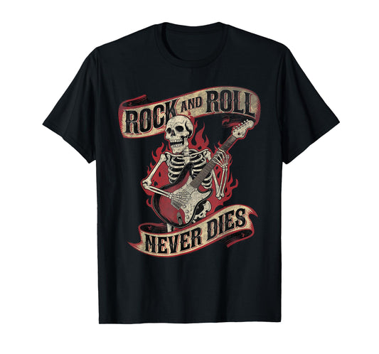Rock and Roll Never Dies Skeleton Vintage ROCK Music T-Shirt