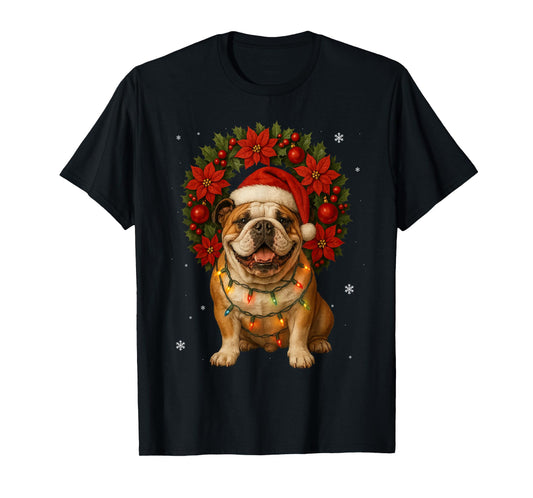 English Bulldog Christmas Dog Tree Festive Wreath Xmas T-Shirt