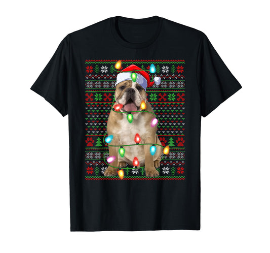 English Bulldog Xmas Lights Ugly Christmas Sweaters T-Shirt