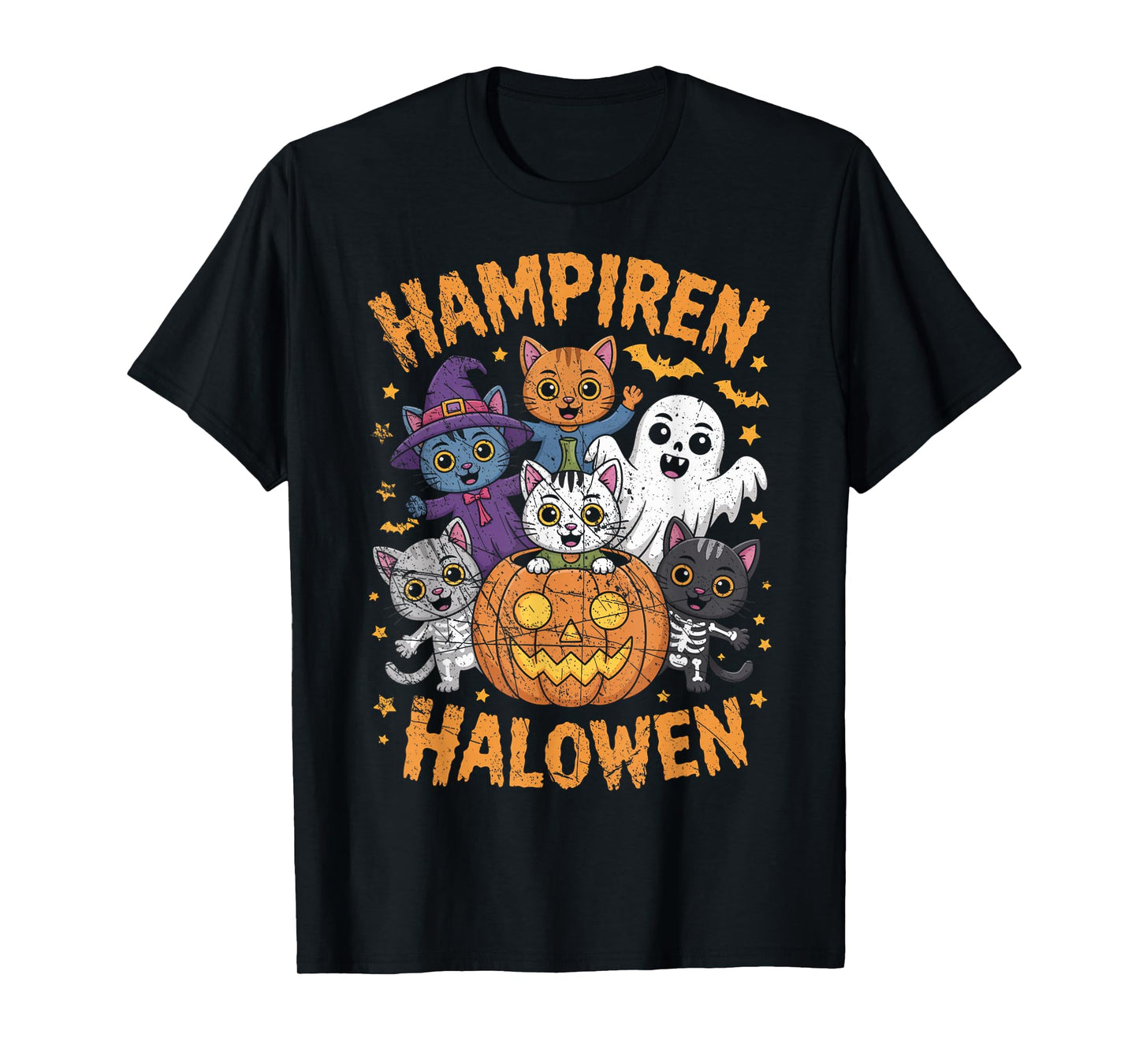 Vampire Ghost Zombie Witch Cats in Pumpkin Cute Halloween T-Shirt